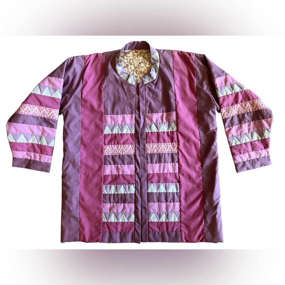 Vintage Handmade Quilted Geometric Patchwork Jacket Boho Folk Art Coat L/ XL